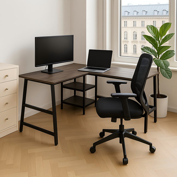 L-shaped corner desk industrial style dark wooden dffet DROGBA DD