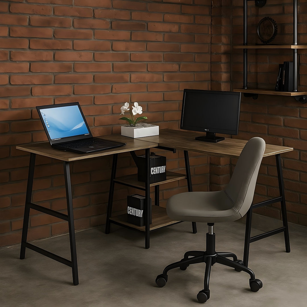 L-shaped corner desk industrial style dark wooden dffet DROGBA DD