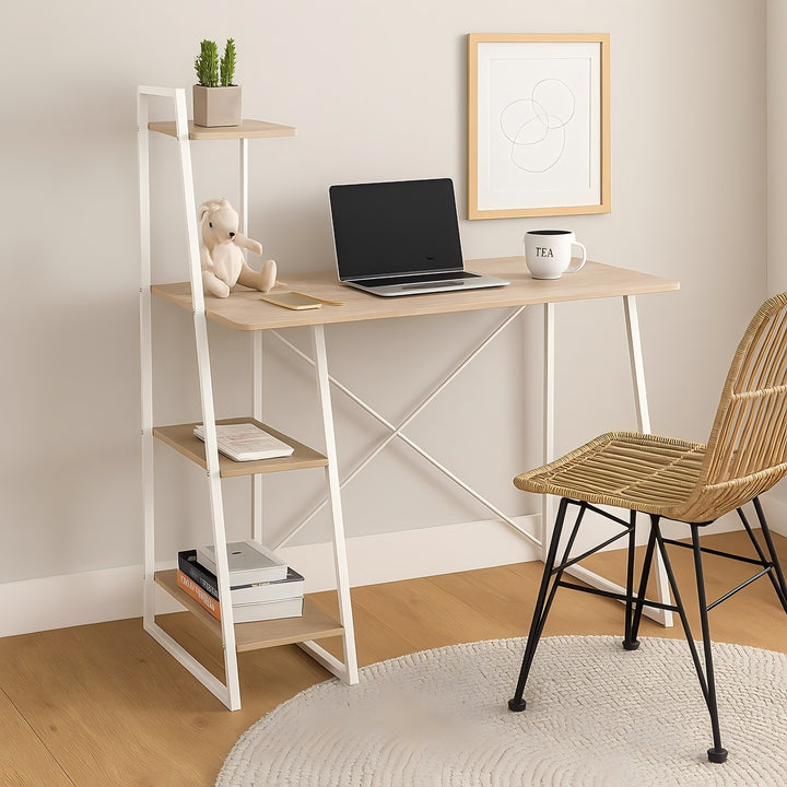 Desk with integrated shelves in white and wood grain style POUCHU WOOD A