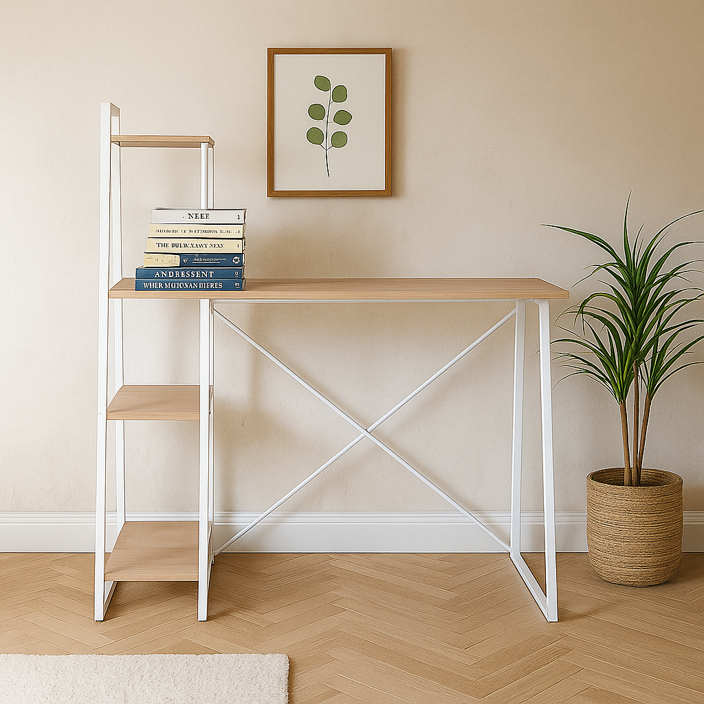 Desk with integrated shelves in white and wood grain style POUCHU WOOD A