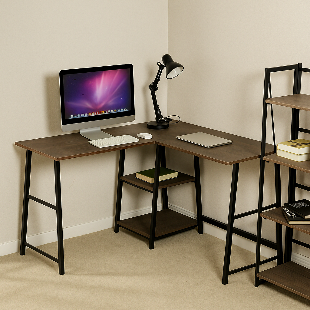 L-shaped corner desk industrial style dark wooden dffet DROGBA DD