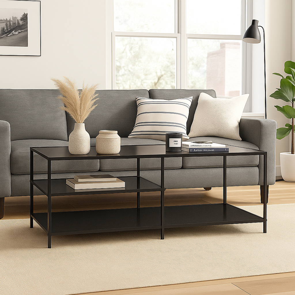 3-tier rectangular black transparent tempered glass coffee table 110*40cm JONINA