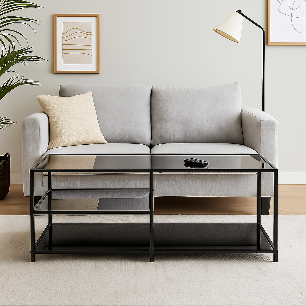 3-tier rectangular black transparent tempered glass coffee table 110*40cm JONINA