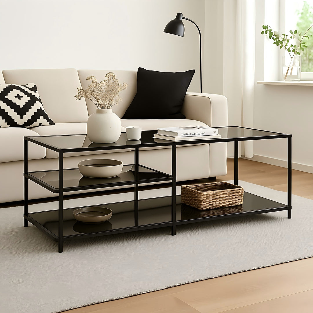 3-tier rectangular black transparent tempered glass coffee table 110*40cm JONINA