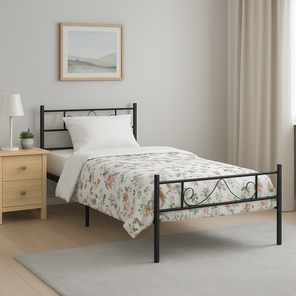 Modern Style Metal Single Bed Frame Black 90x190cm – Sturdy Steel, Space-Saving, Ideal for Guest Rooms & Small Spaces BEARD SINGLE BLACK V1