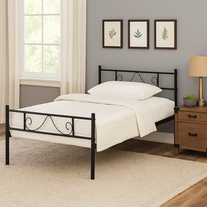 Modern Style Metal Single Bed Frame Black 90x190cm – Sturdy Steel, Space-Saving, Ideal for Guest Rooms & Small Spaces BEARD SINGLE BLACK V1