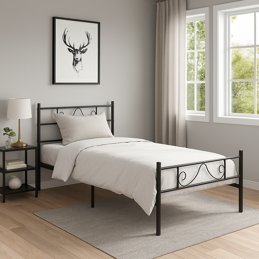 Modern Style Metal Single Bed Frame Black 90x190cm – Sturdy Steel, Space-Saving, Ideal for Guest Rooms & Small Spaces BEARD SINGLE BLACK V1