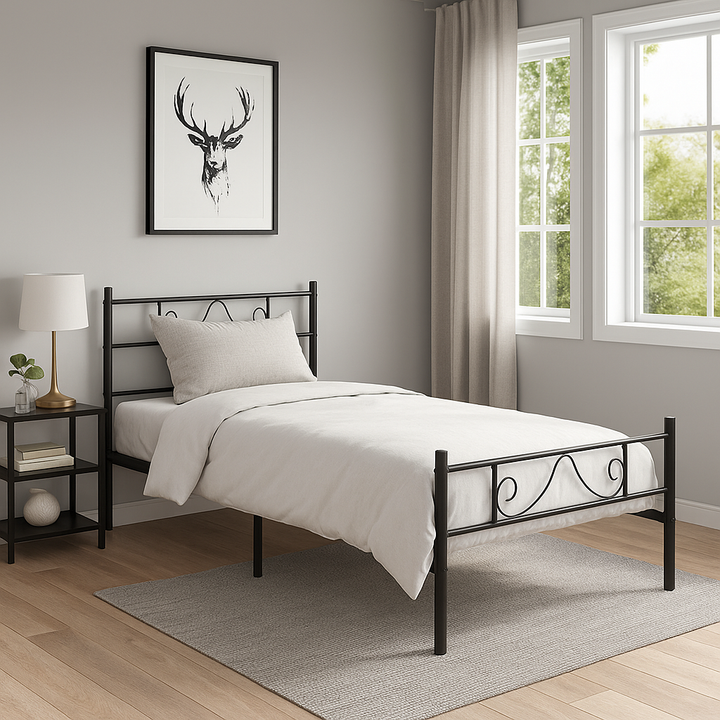 Modern Style Metal Single Bed Frame Black 90x190cm – Sturdy Steel, Space-Saving, Ideal for Guest Rooms & Small Spaces BEARD SINGLE BLACK V1