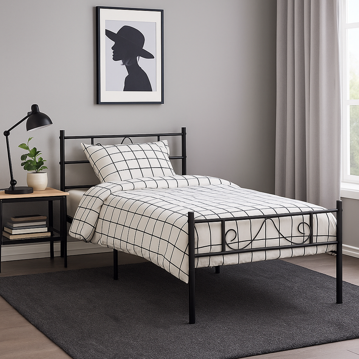 Modern Style Metal Single Bed Frame Black 90x190cm – Sturdy Steel, Space-Saving, Ideal for Guest Rooms & Small Spaces BEARD SINGLE BLACK V1