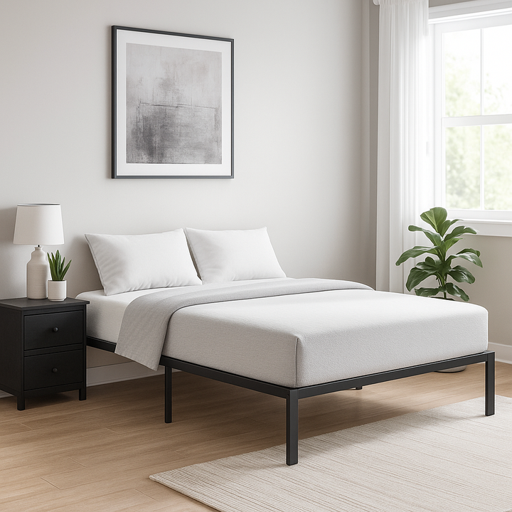 Full Size Metal Bed Frame Black 190x140cm – Foldable Platform Base, Space Saving KIELA FULL