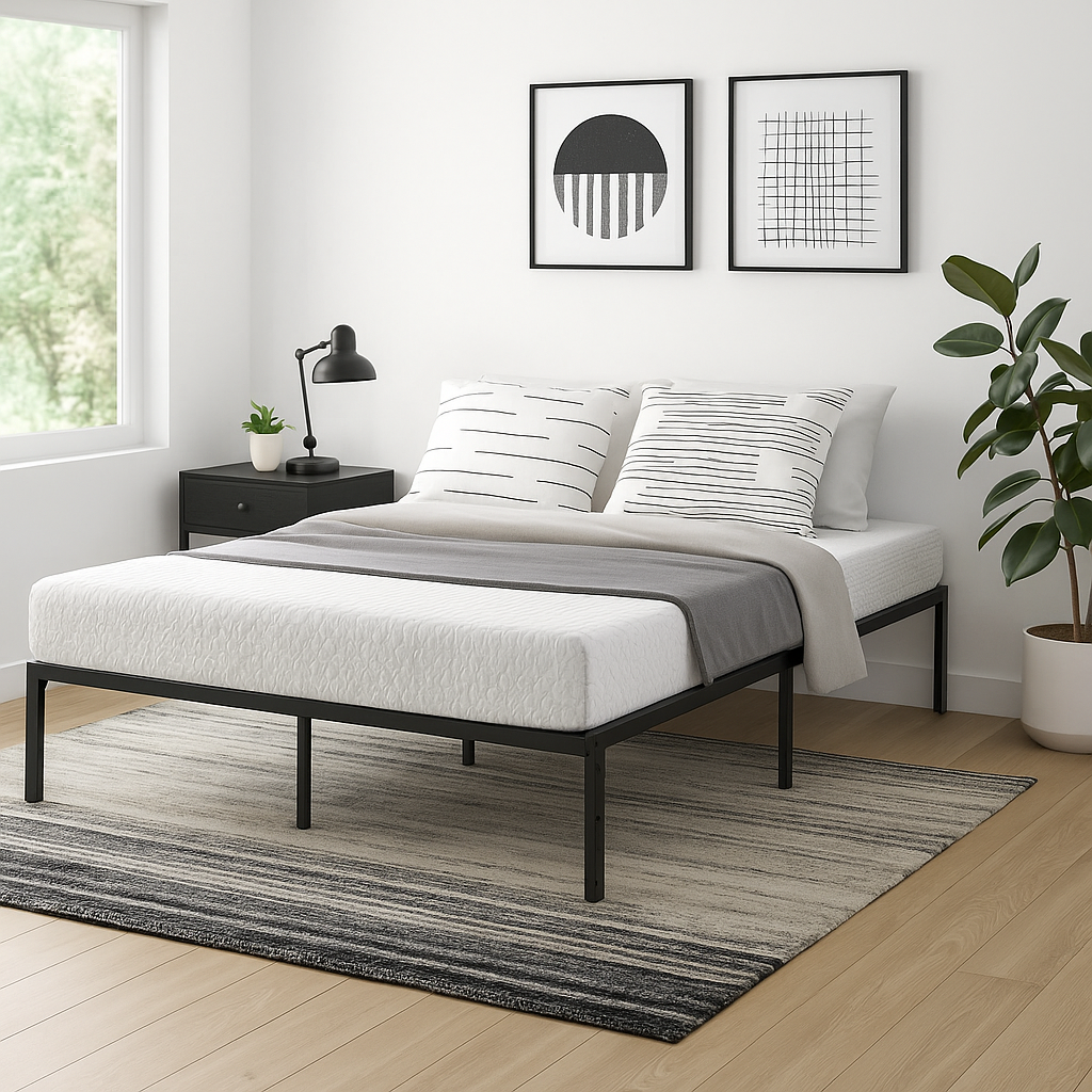 Full Size Metal Bed Frame Black 190x140cm – Foldable Platform Base, Space Saving KIELA FULL