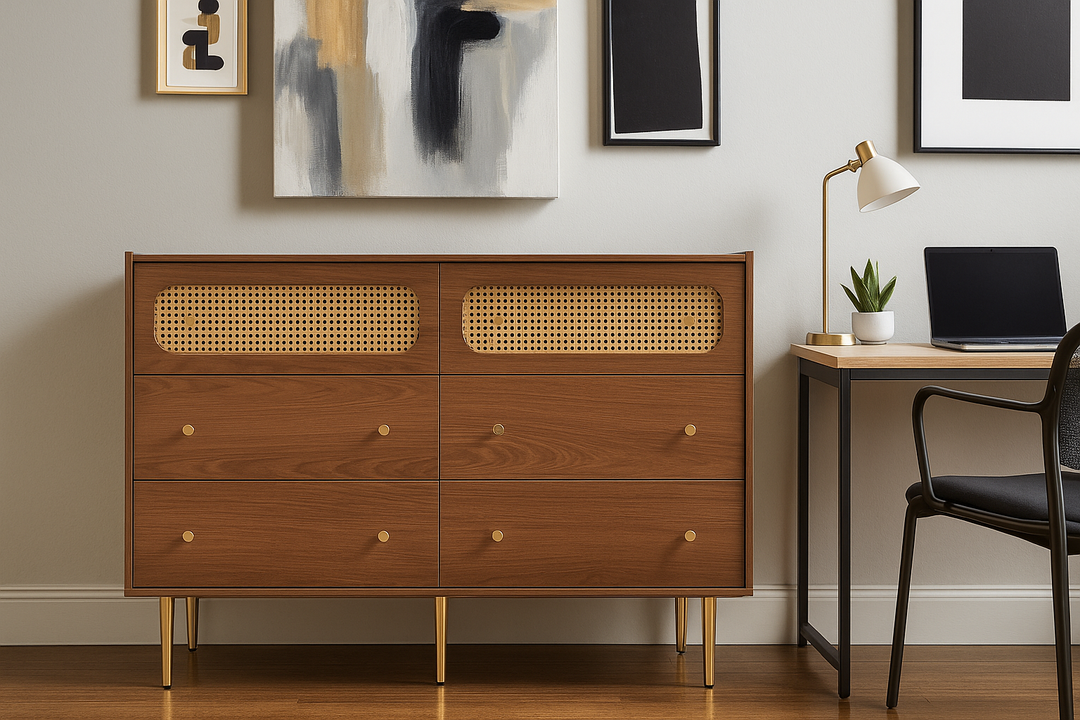 Faux rattan walnut sideboard cabinet, chest of drawers with 6 drawers 40Dx120Wx90Hcm DELMO UK