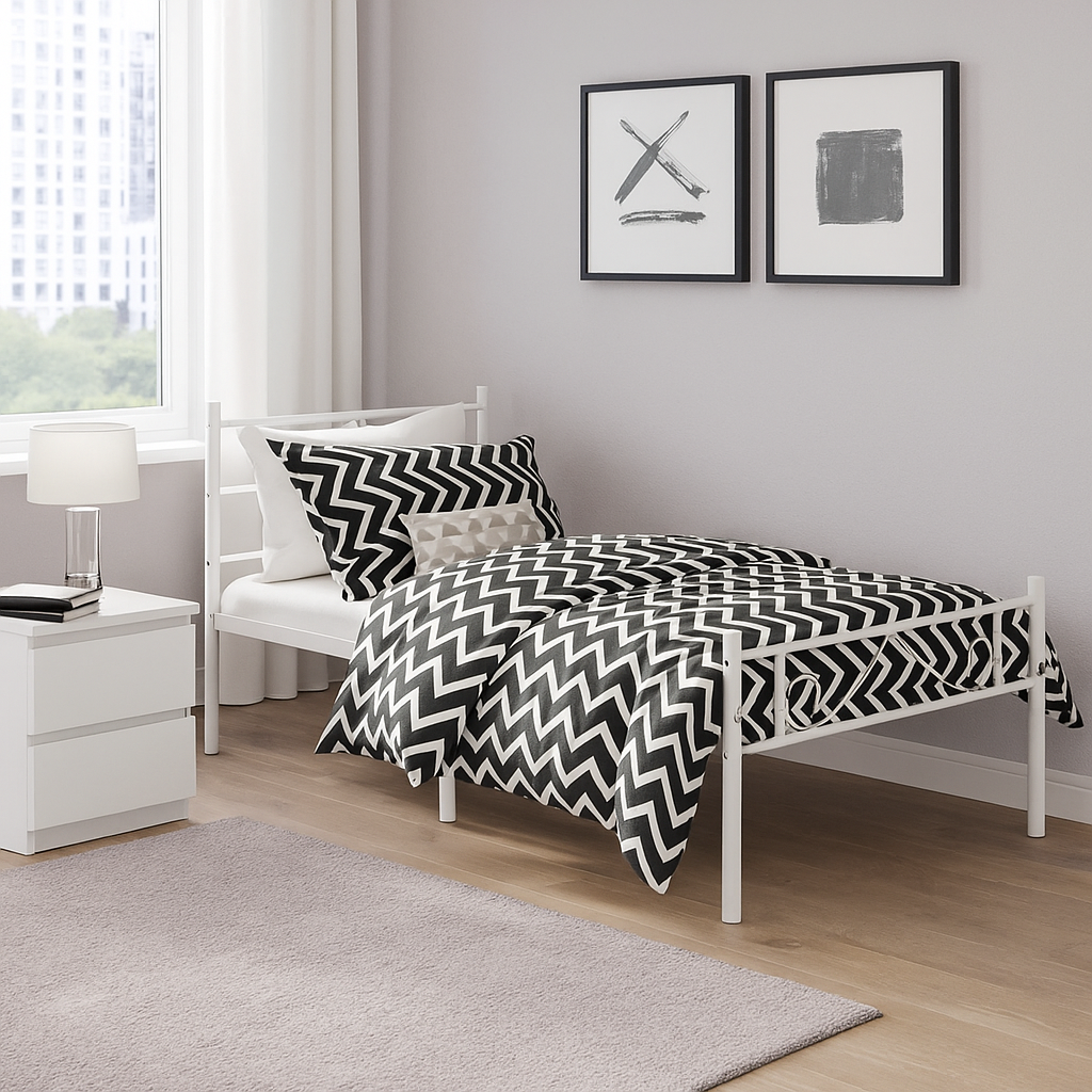 Single Metal Bed Frame White 90x190cm – Space-Saving, Sturdy Steel, Modern Minimalist, Ideal for Guest Rooms & Small Spaces BEARD SINGLE WHITE