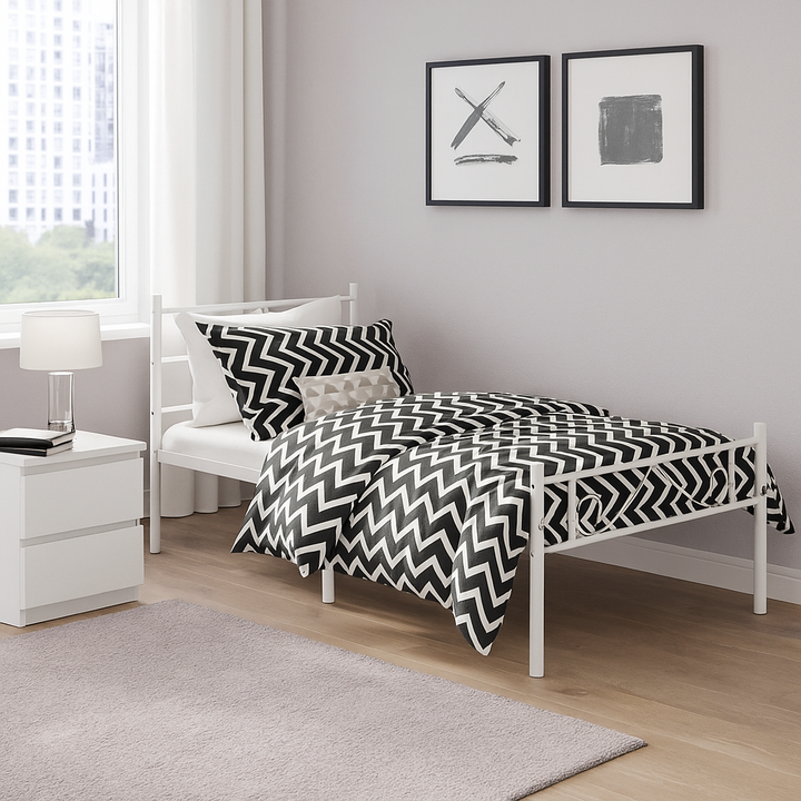 Single Metal Bed Frame White 90x190cm – Space-Saving, Sturdy Steel, Modern Minimalist, Ideal for Guest Rooms & Small Spaces BEARD SINGLE WHITE
