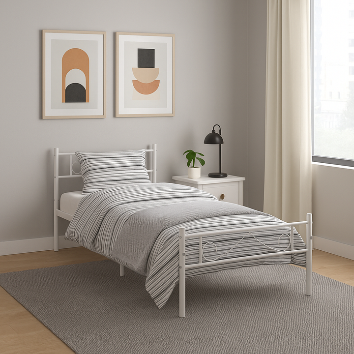 Single Metal Bed Frame White 90x190cm – Space-Saving, Sturdy Steel, Modern Minimalist, Ideal for Guest Rooms & Small Spaces BEARD SINGLE WHITE