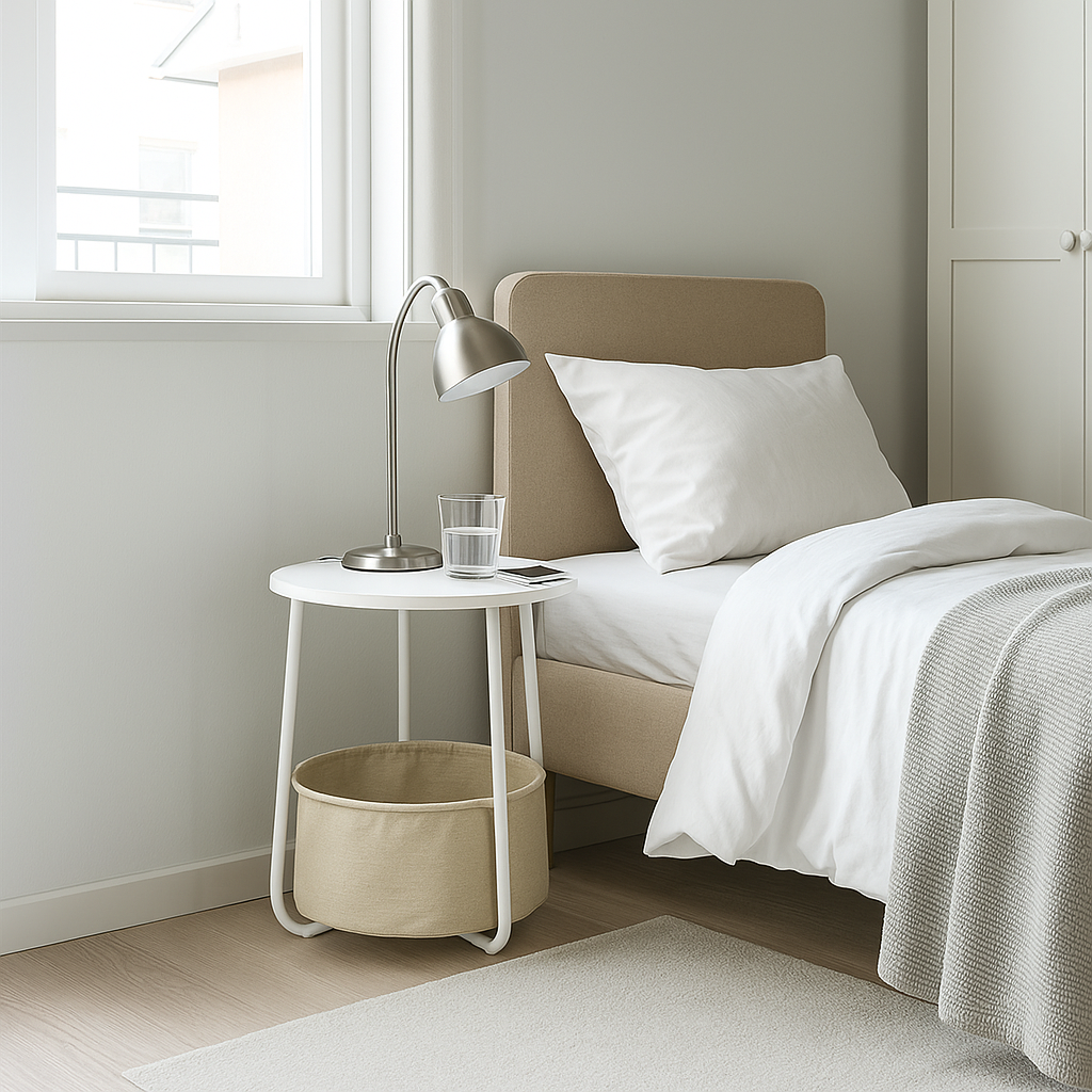Modern Side Table White 45x45x50.5cm with Beige Linen Storage, for Living Room Bedroom TILLA END TABLE WHITE