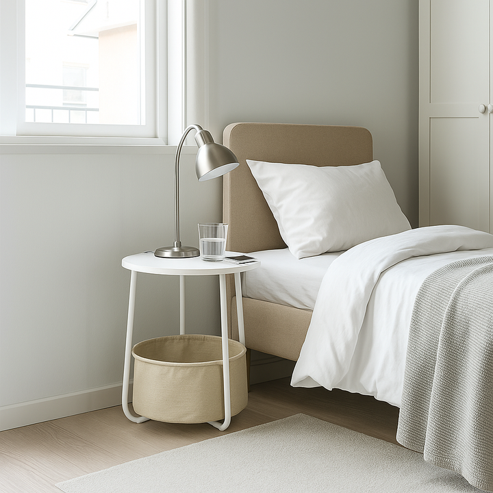 Modern Side Table White 45x45x50.5cm with Beige Linen Storage, for Living Room Bedroom TILLA END TABLE WHITE