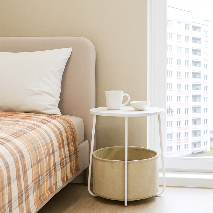 Modern Side Table White 45x45x50.5cm with Beige Linen Storage, for Living Room Bedroom TILLA END TABLE WHITE