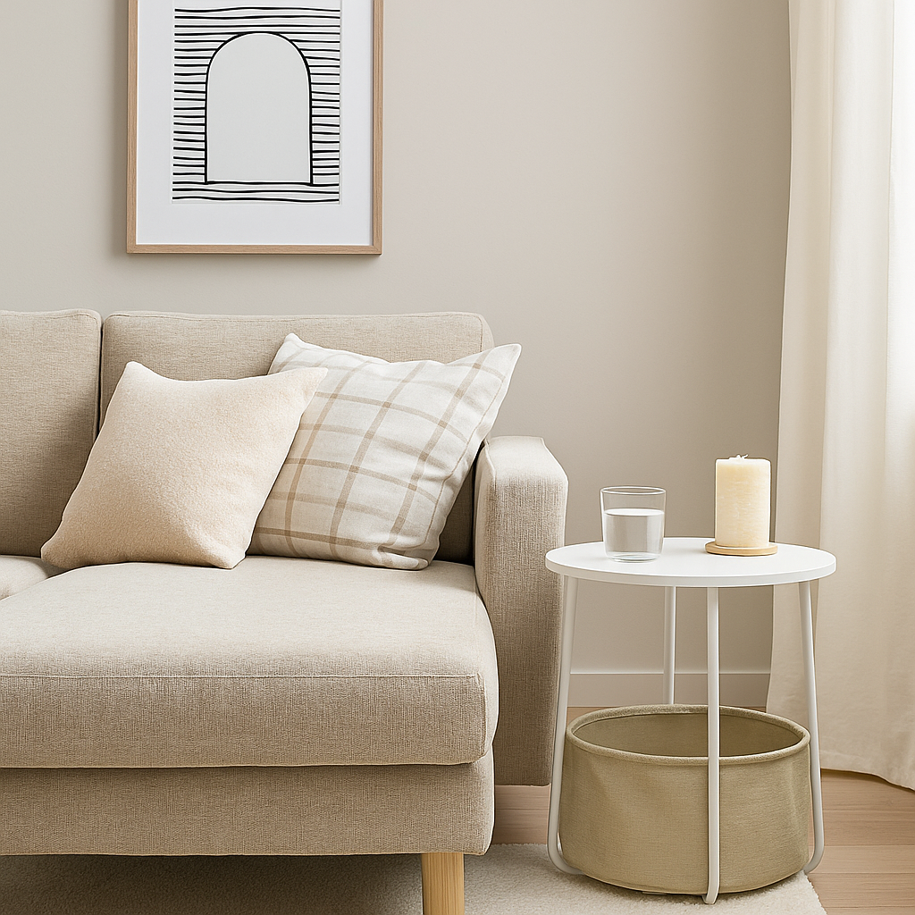 Modern Side Table White 45x45x50.5cm with Beige Linen Storage, for Living Room Bedroom TILLA END TABLE WHITE