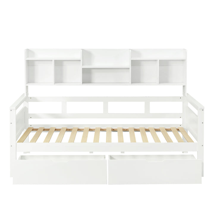 White wooden daybed with shelves and 2 drawers (90*190cm) SANDARAC