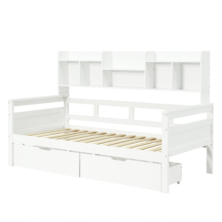White wooden daybed with shelves and 2 drawers (90*190cm) SANDARAC