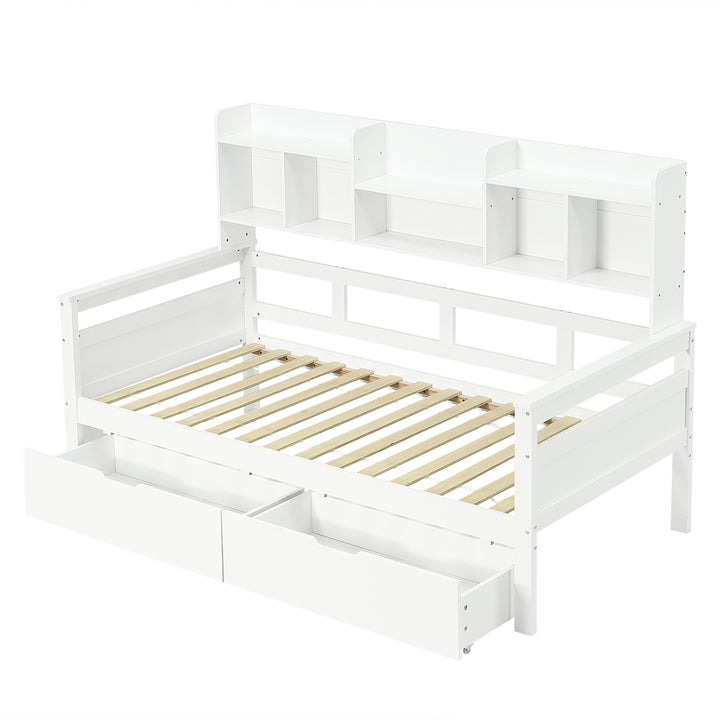 White wooden daybed with shelves and 2 drawers (90*190cm) SANDARAC