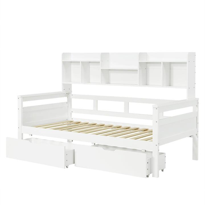 White wooden daybed with shelves and 2 drawers (90*190cm) SANDARAC