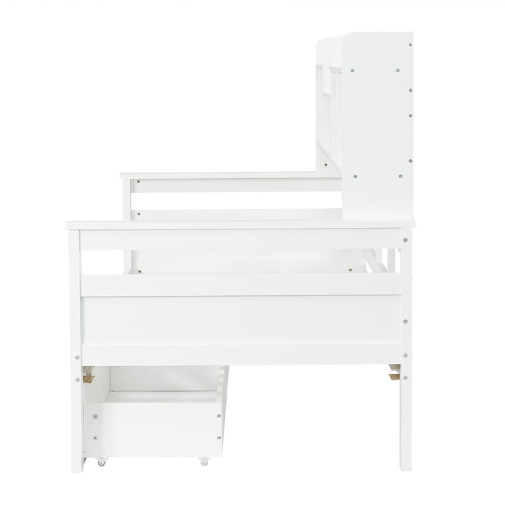 White wooden daybed with shelves and 2 drawers (90*190cm) SANDARAC