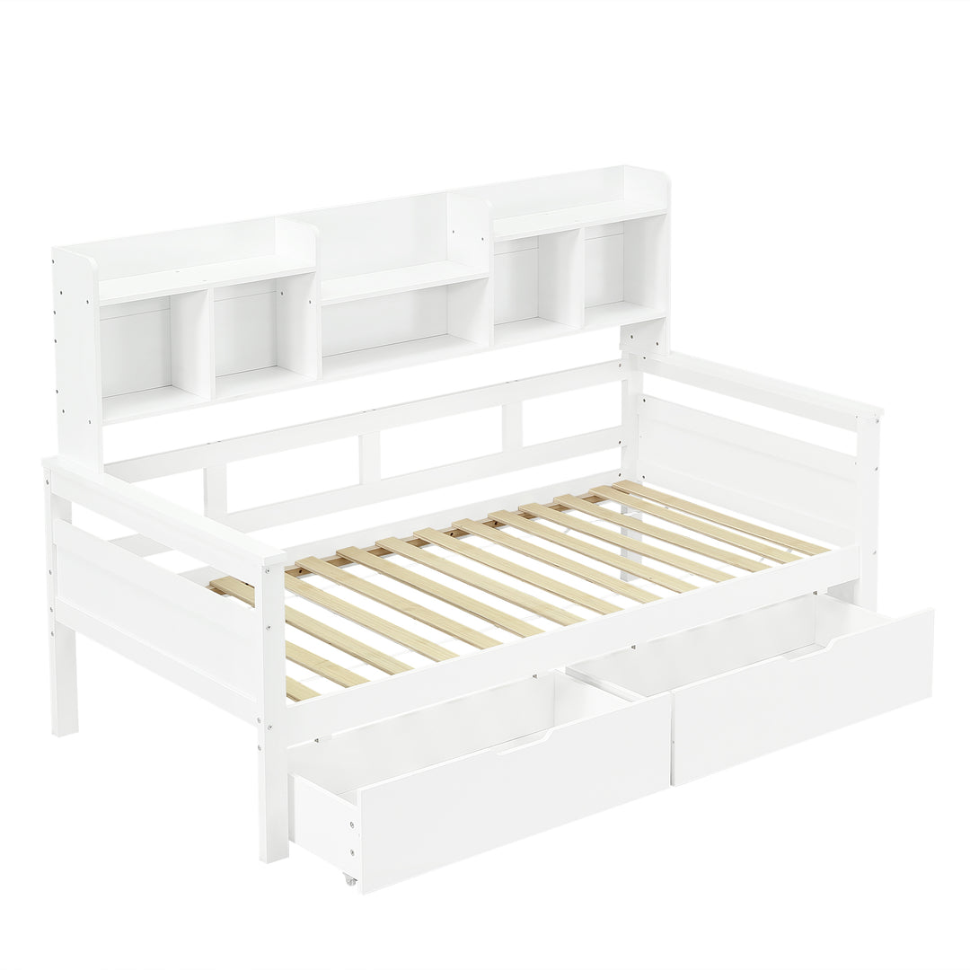 White wooden daybed with shelves and 2 drawers (90*190cm) SANDARAC