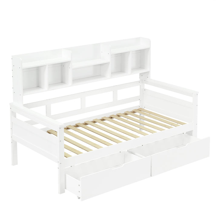 White wooden daybed with shelves and 2 drawers (90*190cm) SANDARAC