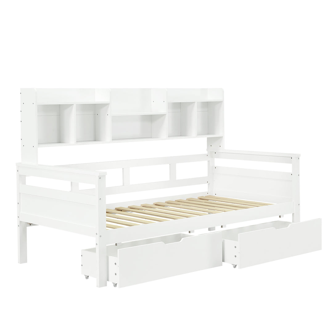 White wooden daybed with shelves and 2 drawers (90*190cm) SANDARAC