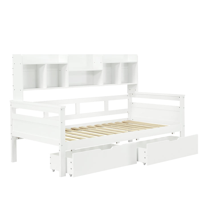 White wooden daybed with shelves and 2 drawers (90*190cm) SANDARAC