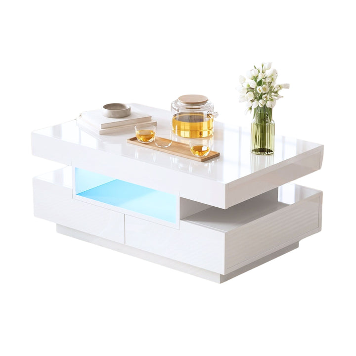 White high gloss coffee table with LED light strip 4 drawers 80x50x36cm IRON LAMP