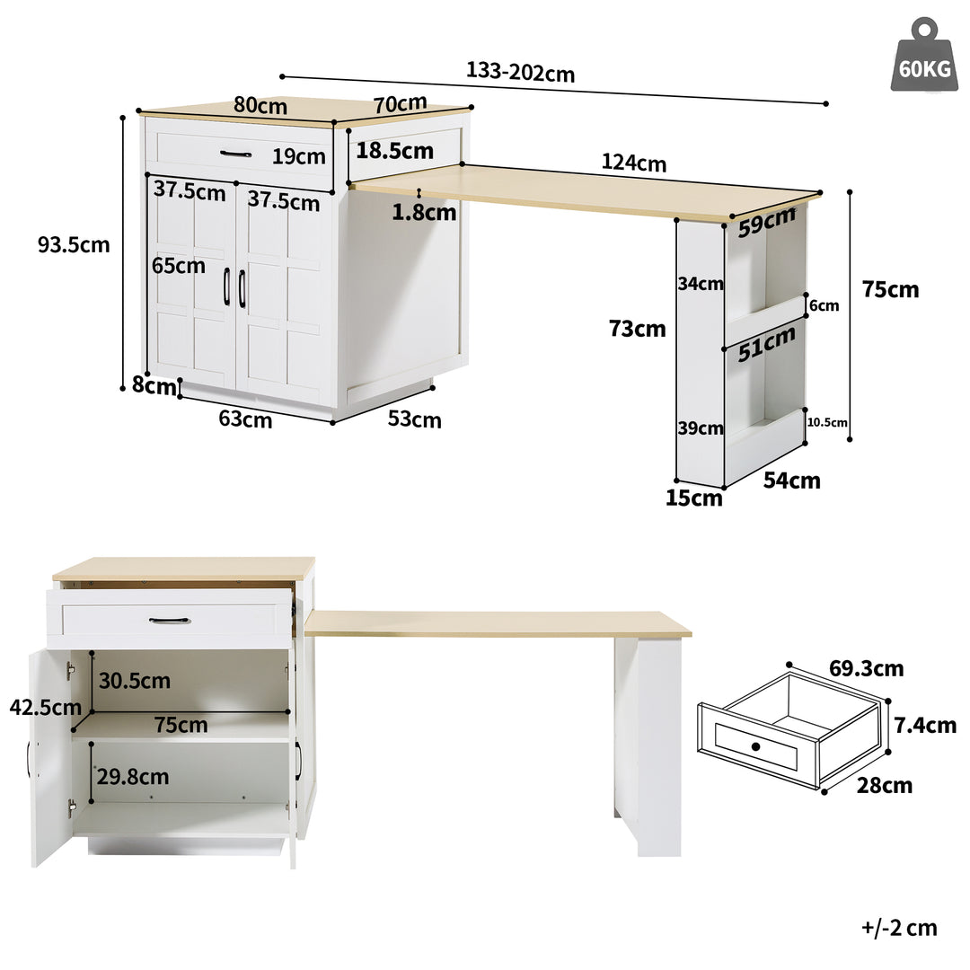Extendable kitchen island and dining table with storage, 2 drawers, 4 compartments PRISMIC