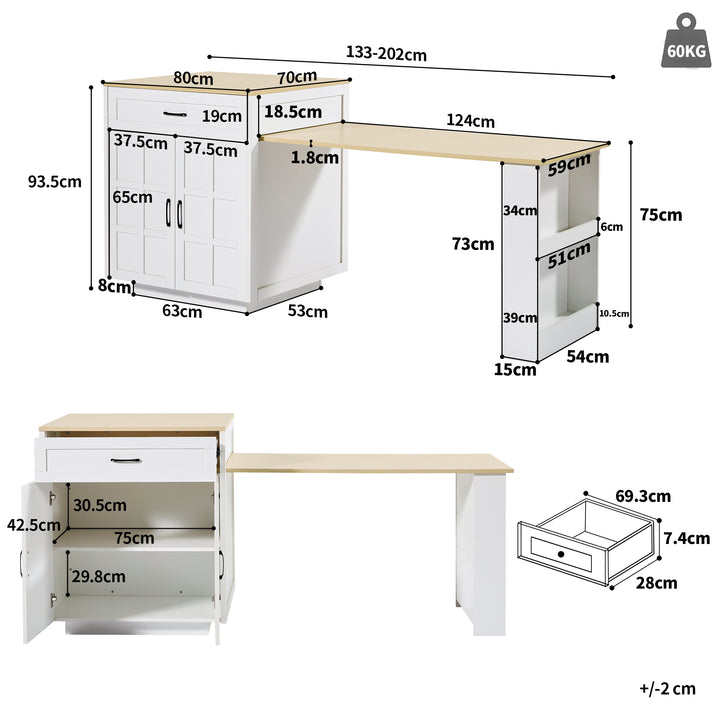 Extendable kitchen island and dining table with storage, 2 drawers, 4 compartments PRISMIC