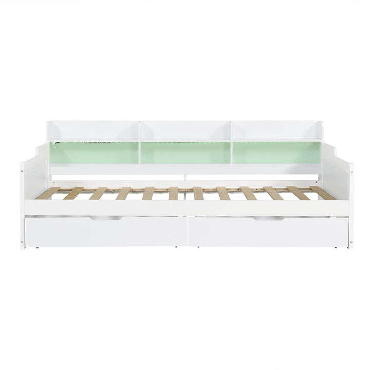 White Wooden Single Daybed Storage with 2 Wheeled Drawers and LED Light 90x190cm WOODWARDROBE