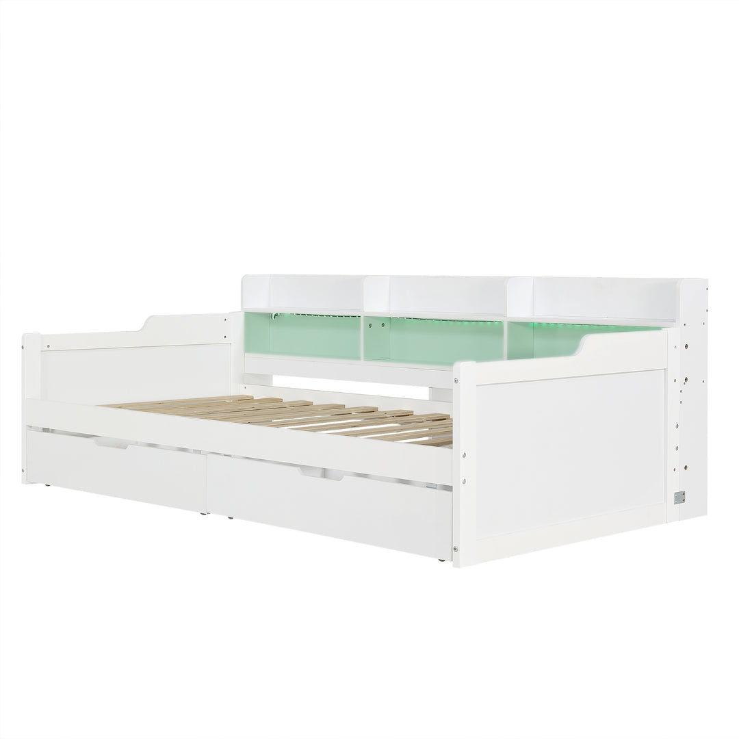 White Wooden Single Daybed Storage with 2 Wheeled Drawers and LED Light 90x190cm WOODWARDROBE