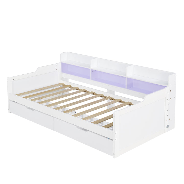White Wooden Single Daybed Storage with 2 Wheeled Drawers and LED Light 90x190cm WOODWARDROBE