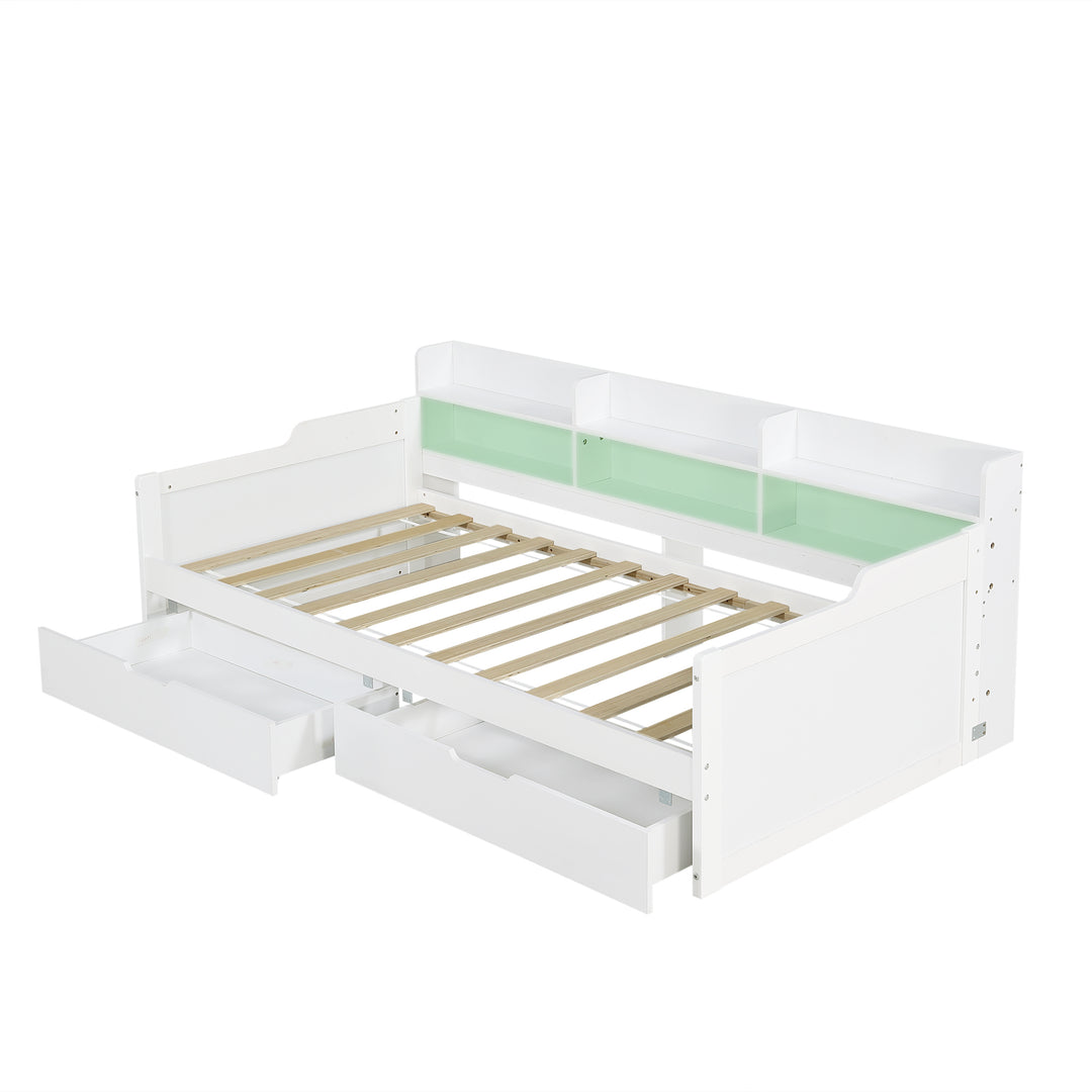 White Wooden Single Daybed Storage with 2 Wheeled Drawers and LED Light 90x190cm WOODWARDROBE