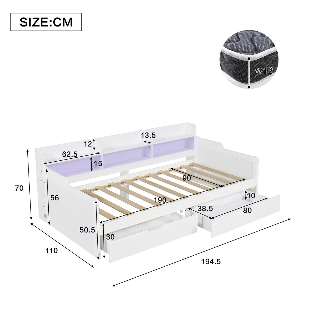 White Wooden Single Daybed Storage with 2 Wheeled Drawers and LED Light 90x190cm WOODWARDROBE