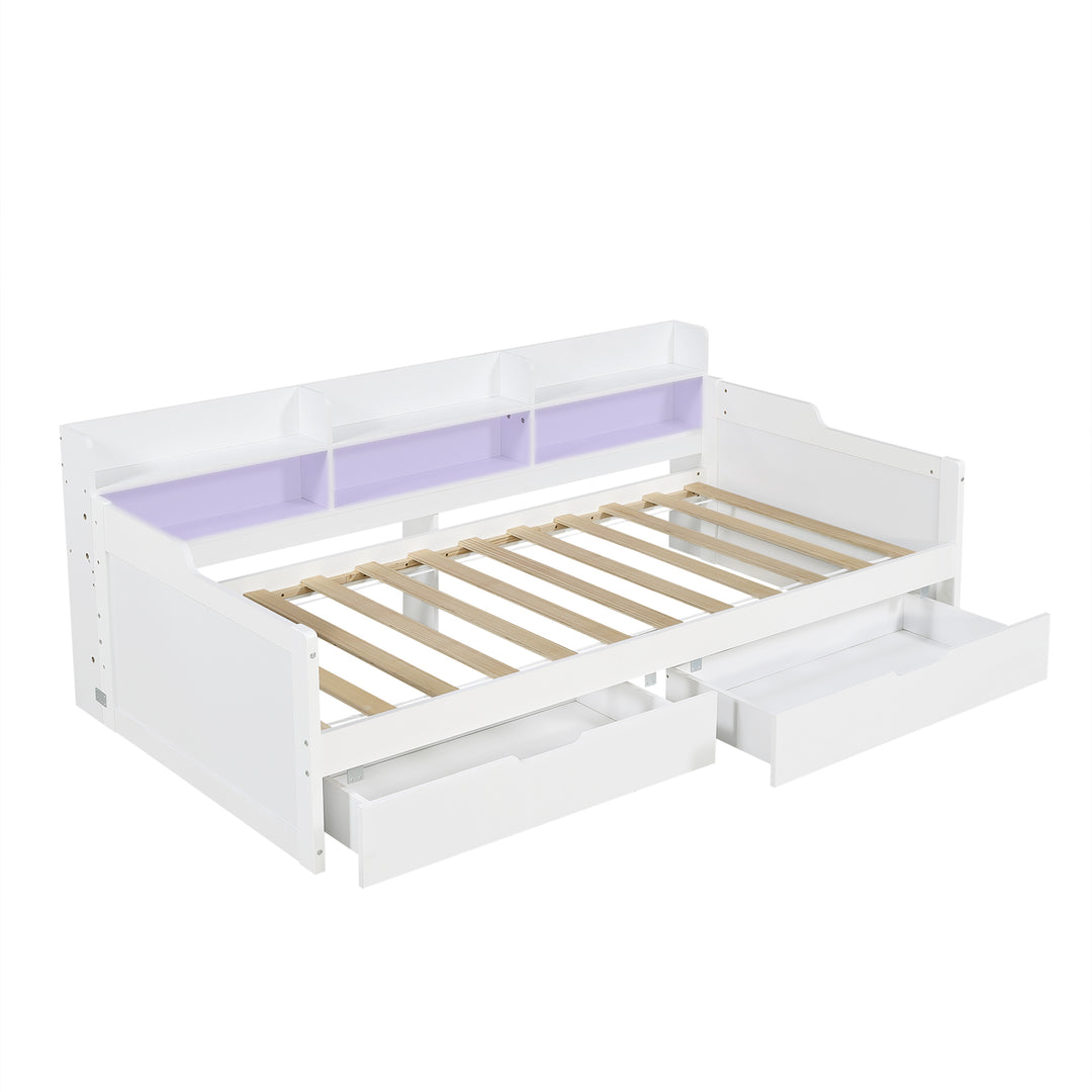 White Wooden Single Daybed Storage with 2 Wheeled Drawers and LED Light 90x190cm WOODWARDROBE