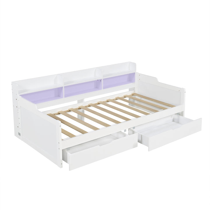 White Wooden Single Daybed Storage with 2 Wheeled Drawers and LED Light 90x190cm WOODWARDROBE