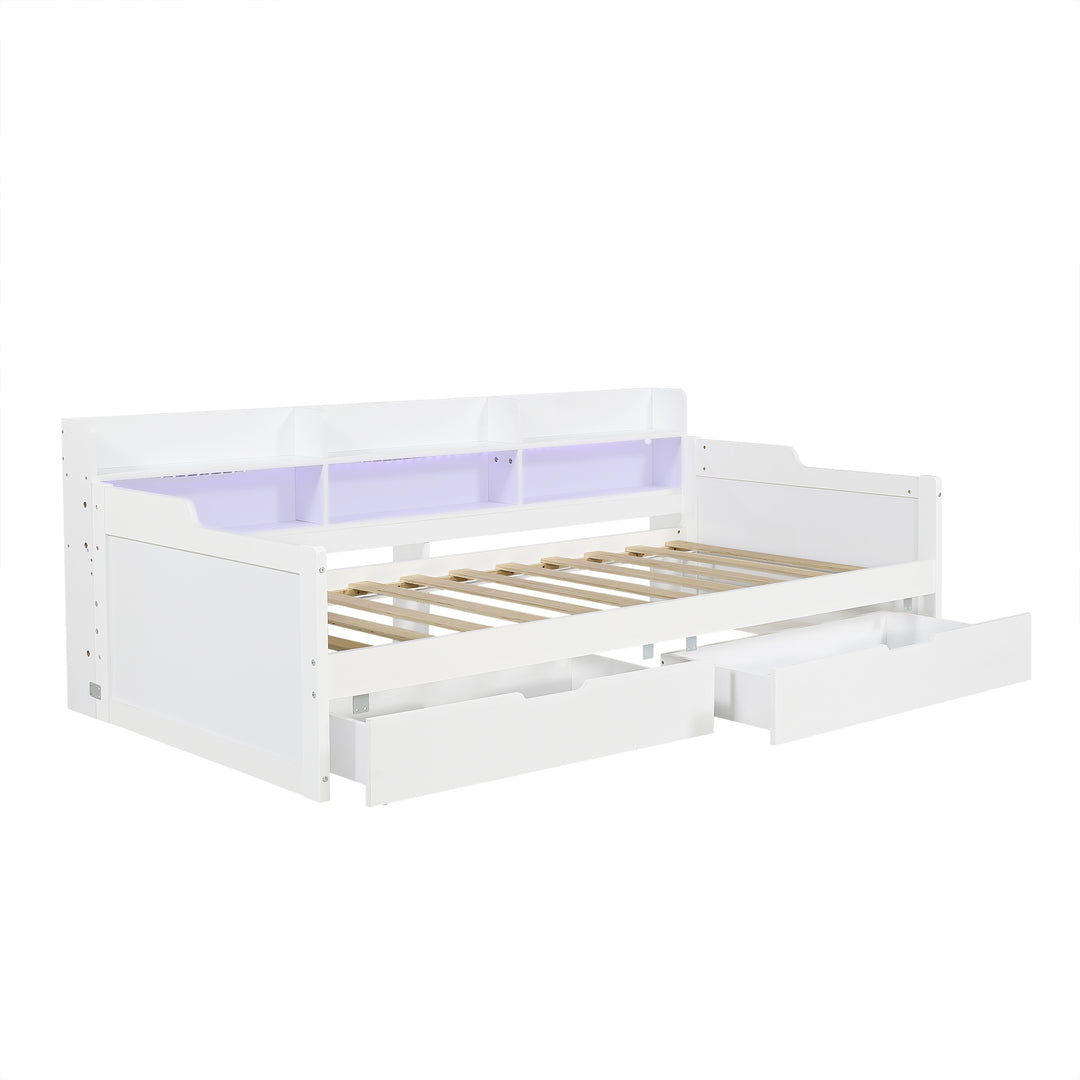 White Wooden Single Daybed Storage with 2 Wheeled Drawers and LED Light 90x190cm WOODWARDROBE