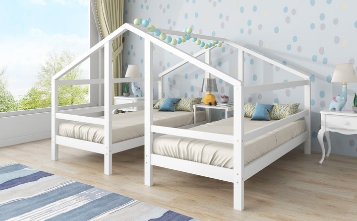 White wooden twin bed, 2 single beds under one roof with slats ZEQRIX UK