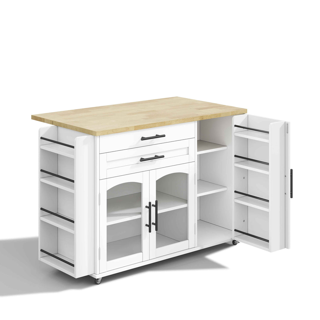 00+Mobile Kitchen Island Trolley White Foldable Worktop, 5 Wheels, Glass Doors, Storage Racks, Cutlery Drawer NOVAOR