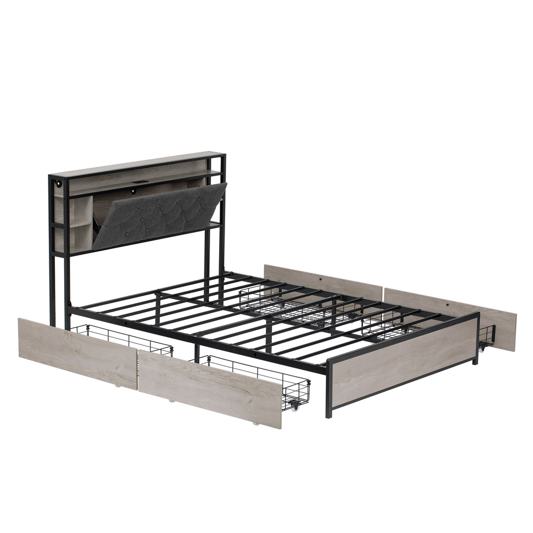 Grey metal double bed frame shelves with LED lighting (135x190cm) PHYTOSID