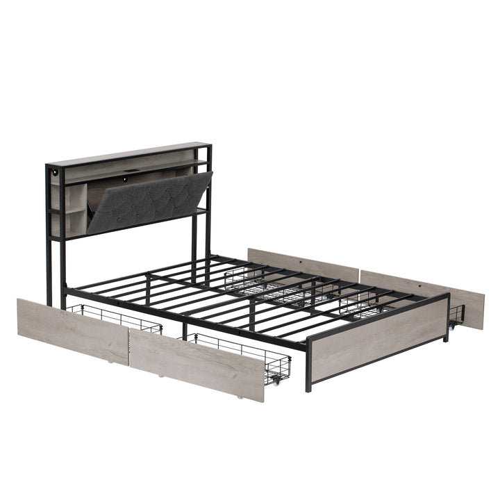 Grey metal double bed frame shelves with LED lighting (135x190cm) PHYTOSID