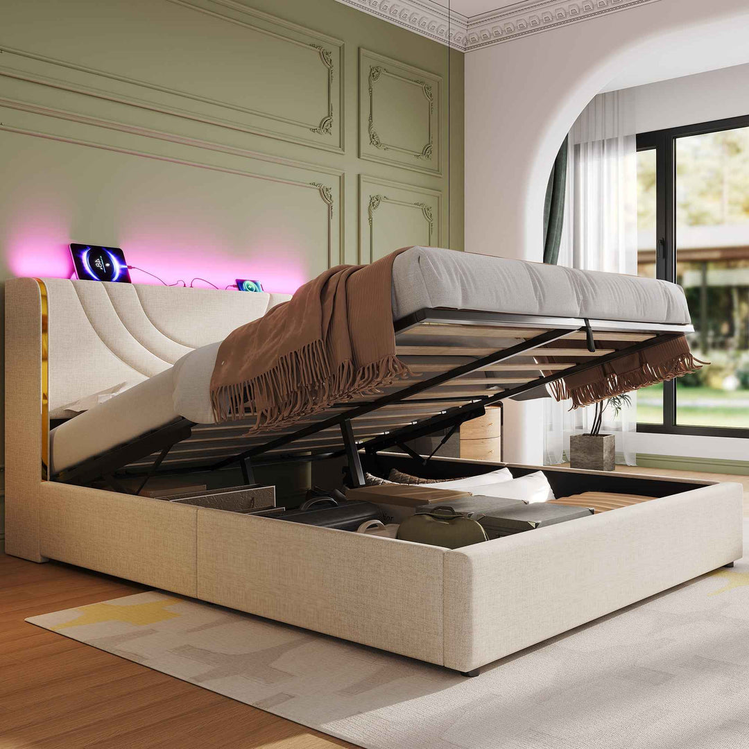Double Bed Frame 4ft6 with Hydraulic Storage, LED Headboard, USB & Type-C Charging, Linen Upholstered, Chrome Trim, Beige, No Box Spring Needed, Ideal for Modern Bedrooms (No Mattress)