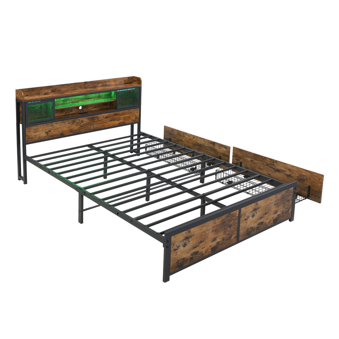 Multifunctional wooden look double bed&nbsp; with LED lighting, 2 drawers & charging ports (135x190cm) ELATERSPRING
