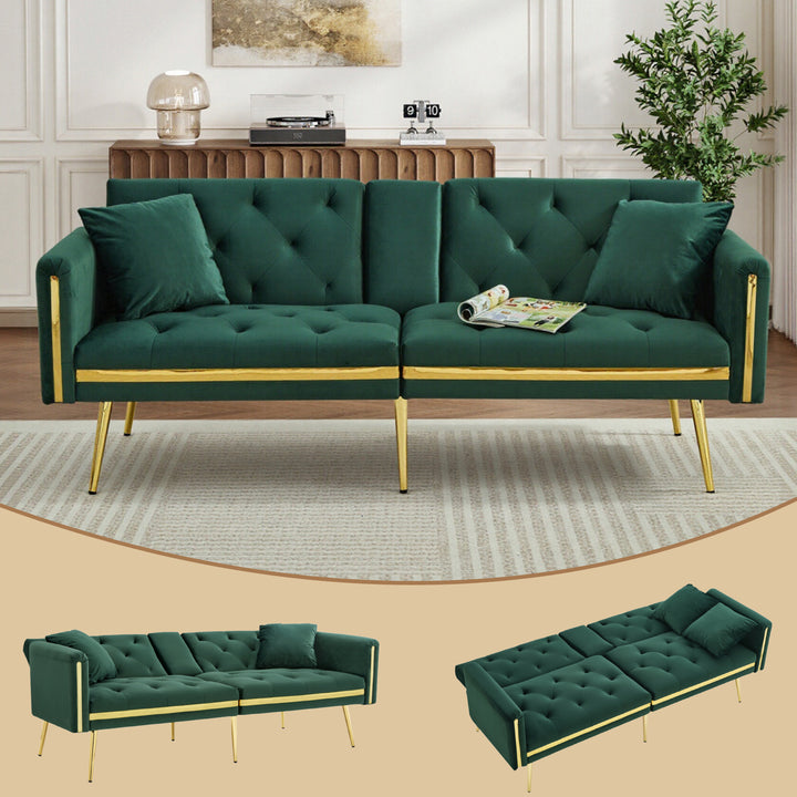 Green tufted velvet 2-seater sofa bed with adjustable backrest and hidden cup holders golden accent HYDROPON